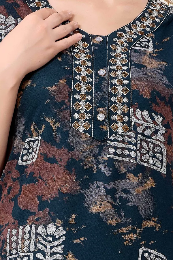 Rama_green_Ajrakh_style_embroidered__A-line_Alpine__Nighty_for_Women