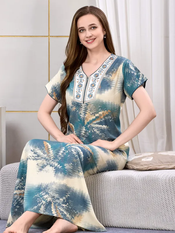 Rama_green_tye-dye_embroidered__A-line_Alpine__Nighty_for_Women