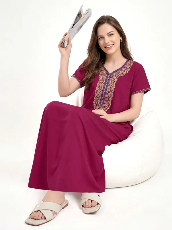 Rani_plain_embroidery_Cotton_blend_Night_Dress_For_Ladies