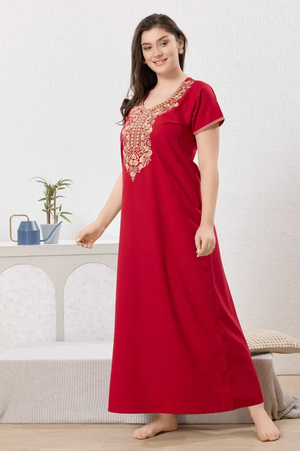 Red_plain_embroidered_Cotton_blend_Night_Dress_For_Ladies