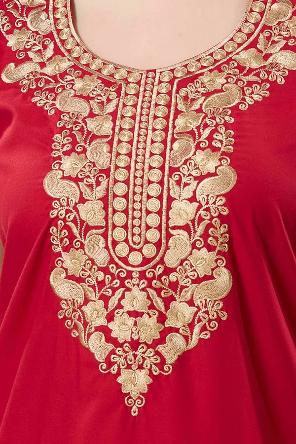Red_plain_embroidered_Cotton_blend_Night_Dress_For_Ladies