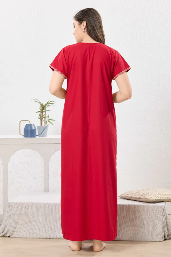 Red_plain_embroidered_Cotton_blend_Night_Dress_For_Ladies