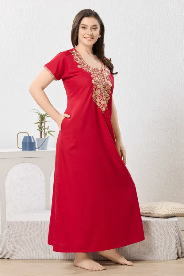 Red_plain_embroidered_Cotton_blend_Night_Dress_For_Ladies