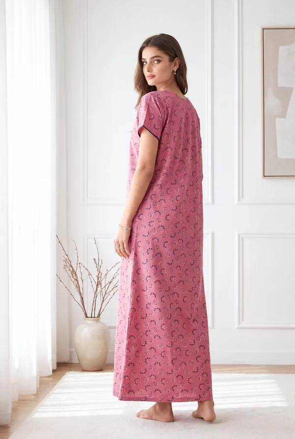 Rose_pink_pure_cotton_floral_pleated_nighty_for_women