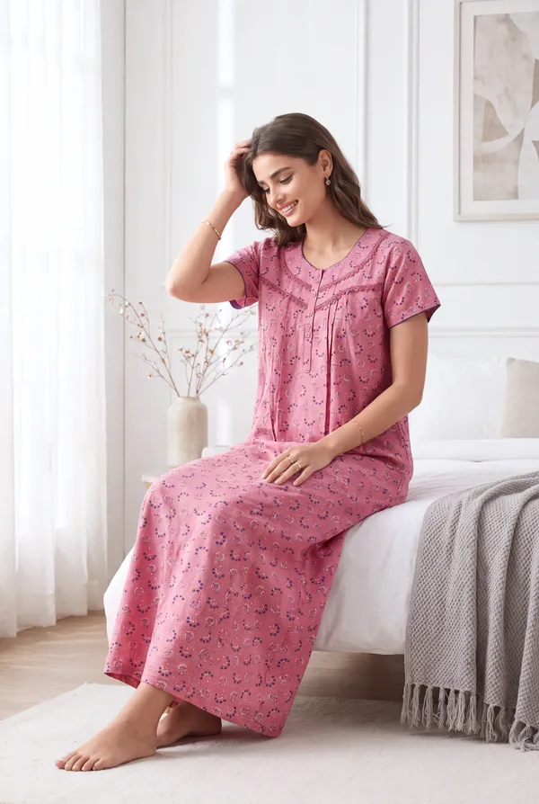 Rose_pink_pure_cotton_floral_pleated_nighty_for_women