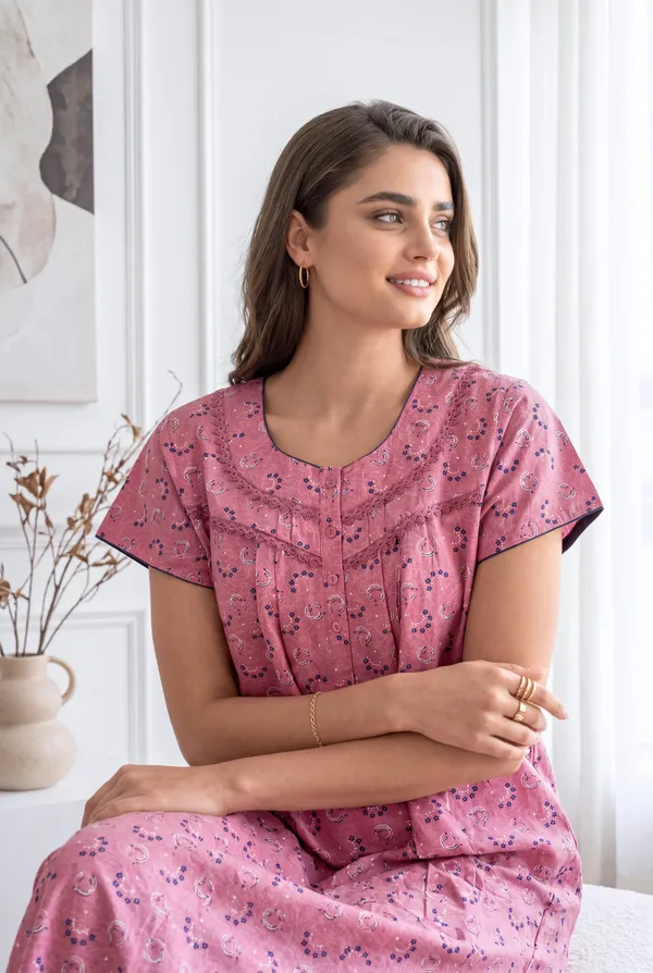 Rose_pink_pure_cotton_floral_pleated_nighty_for_women
