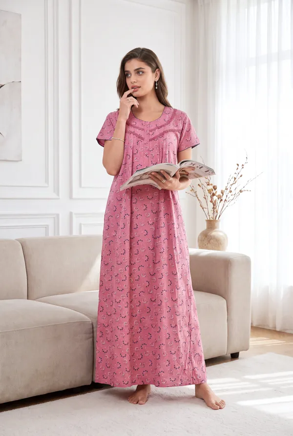 Rose_pink_pure_cotton_floral_pleated_nighty_for_women