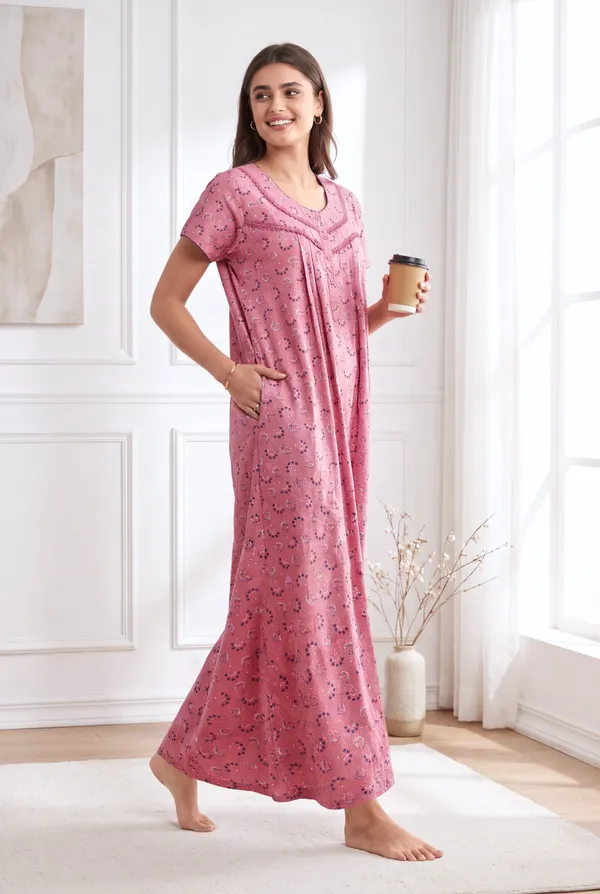 Rose_pink_pure_cotton_floral_pleated_nighty_for_women