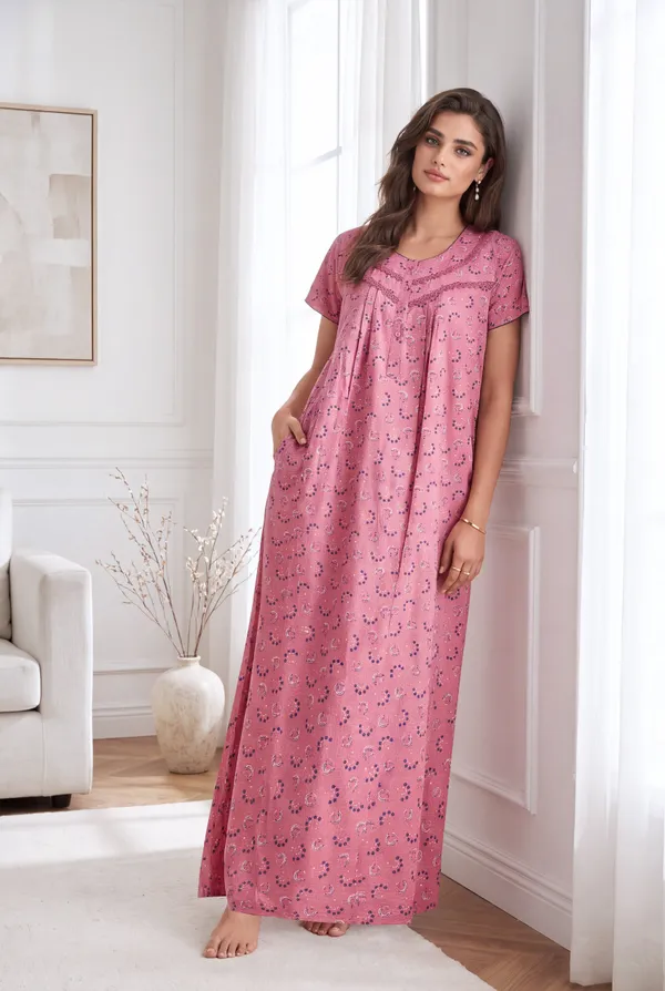 Rose_pink_pure_cotton_floral_pleated_nighty_for_women