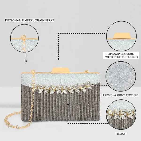 Silver_Shimmer_Grace_Clutch_Bag_With_Crystal_Leaf_Accent,_Glitter_Finish,_And_Detachable_Chain_For_Women_&_Girls_(22_X_8_X_15_Cm)