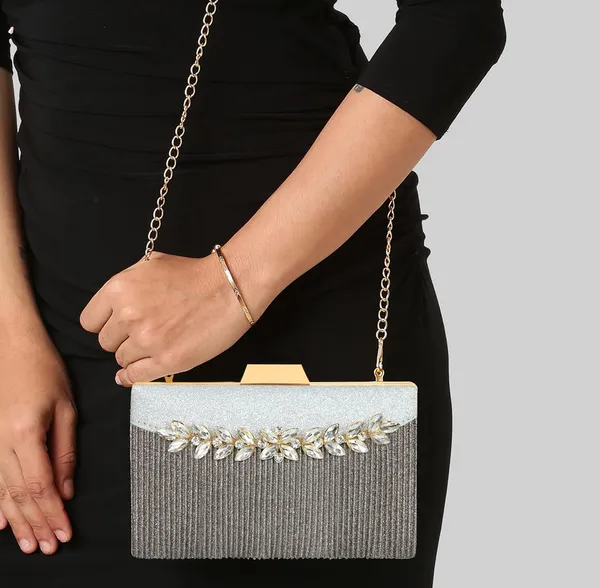 Silver_Shimmer_Grace_Clutch_Bag_With_Crystal_Leaf_Accent,_Glitter_Finish,_And_Detachable_Chain_For_Women_&_Girls_(22_X_8_X_15_Cm)