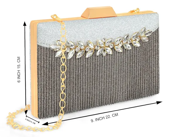 Silver_Shimmer_Grace_Clutch_Bag_With_Crystal_Leaf_Accent,_Glitter_Finish,_And_Detachable_Chain_For_Women_&_Girls_(22_X_8_X_15_Cm)