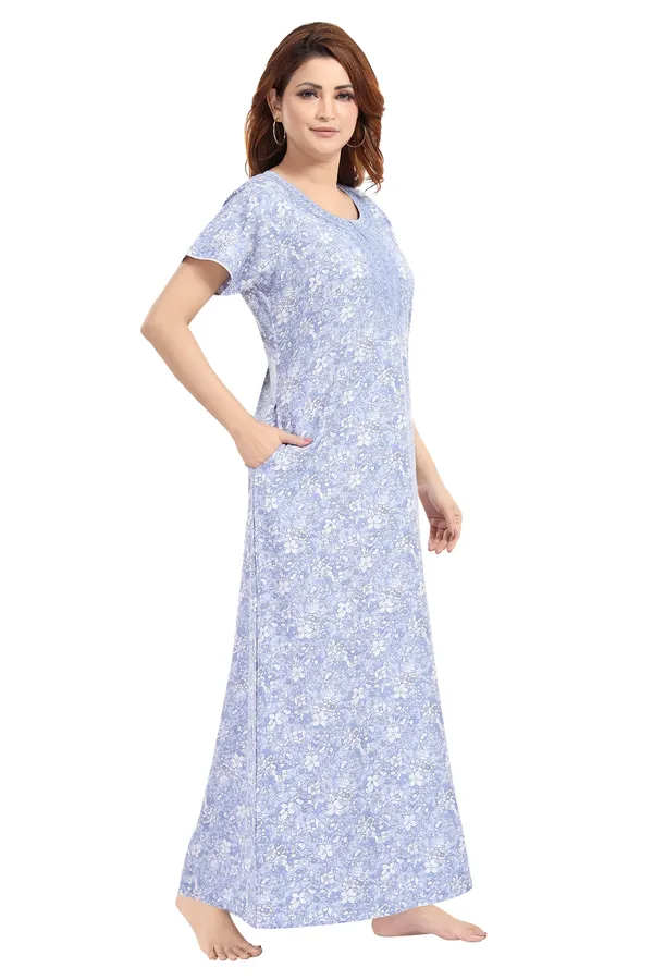 Sky_Blue_Floral_Cotton_blend_Night_Dress_For_Ladies