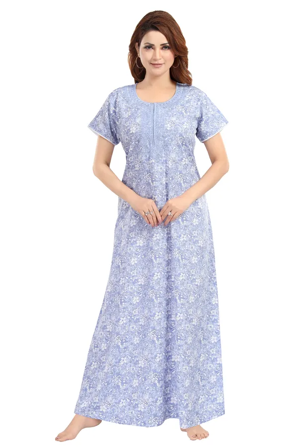 Sky_Blue_Floral_Cotton_blend_Night_Dress_For_Ladies
