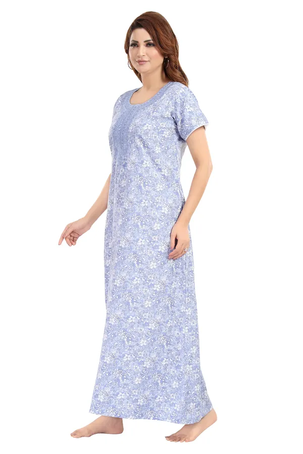 Sky_Blue_Floral_Cotton_blend_Night_Dress_For_Ladies