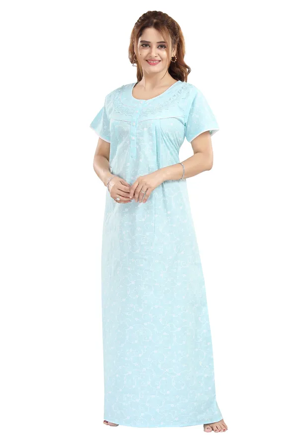 Sky_Blue_Floral_Pure_Cotton_Night_Dress_For_Ladies