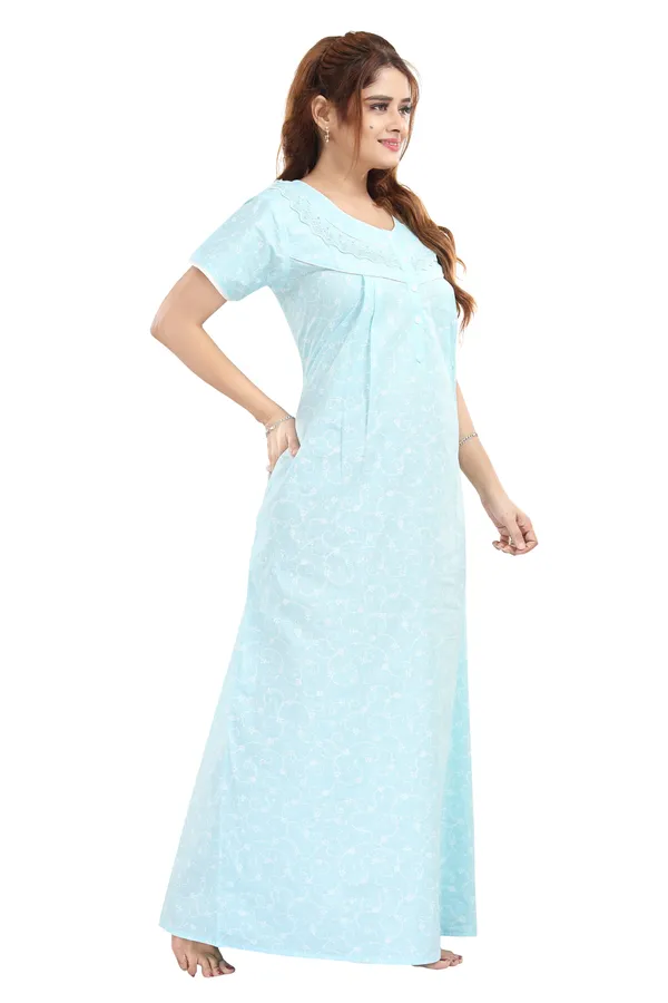Sky_Blue_Floral_Pure_Cotton_Night_Dress_For_Ladies