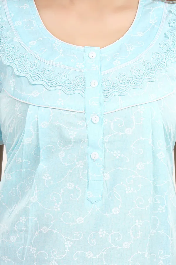Sky_Blue_Floral_Pure_Cotton_Night_Dress_For_Ladies