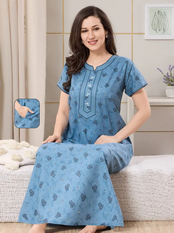 Teal_Blue_pure_Cotton__Nighty_for_Women