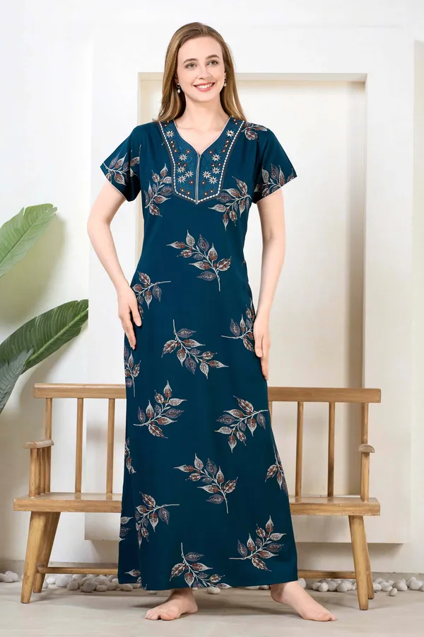 Teal_blue_floral_embroidered__A-line_Alpine__Nighty_for_Women