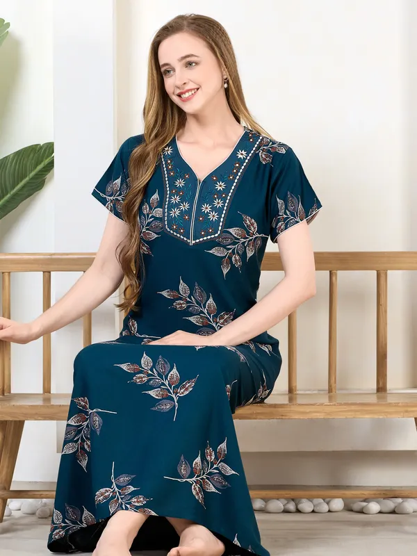 Teal_blue_floral_embroidered__A-line_Alpine__Nighty_for_Women