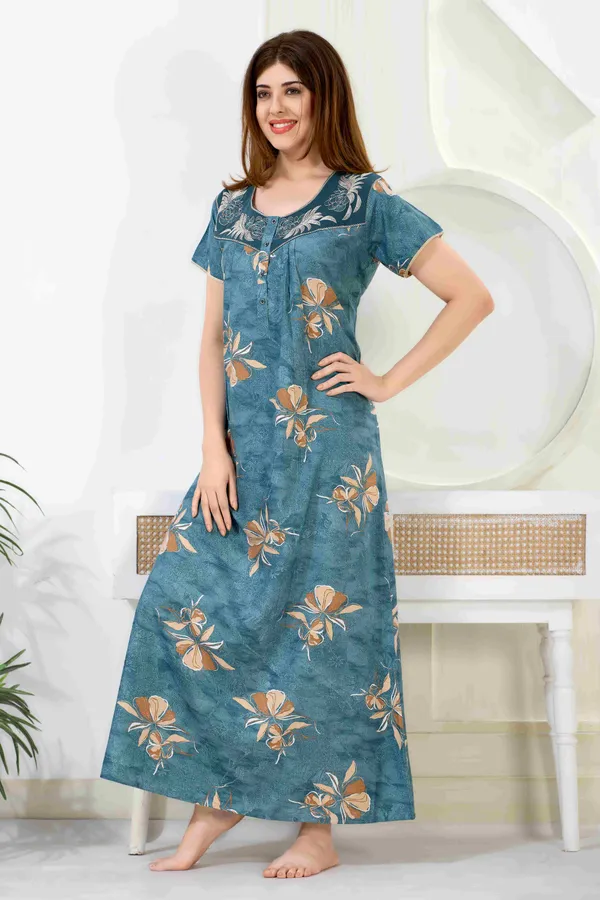 Turquoise_blue_floral_pleated_alpine_neck_embroidery_nighty_for_womens