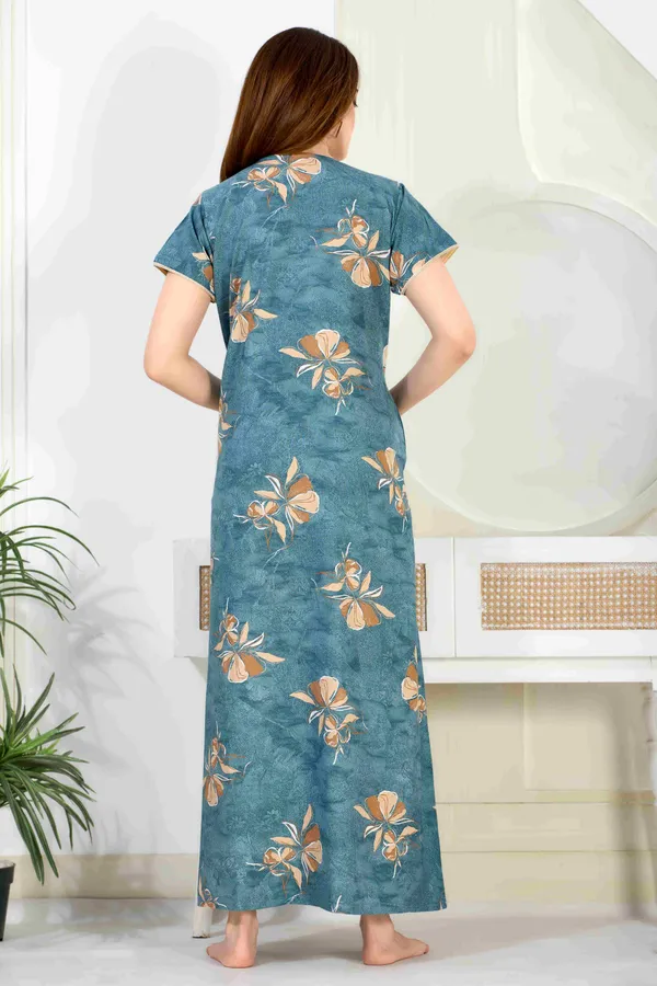 Turquoise_blue_floral_pleated_alpine_neck_embroidery_nighty_for_womens