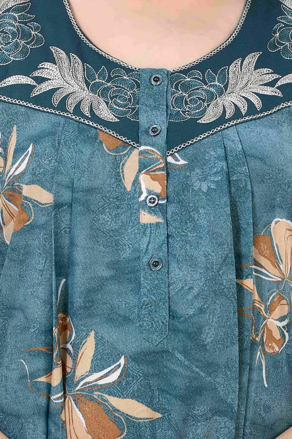 Turquoise_blue_floral_pleated_alpine_neck_embroidery_nighty_for_womens