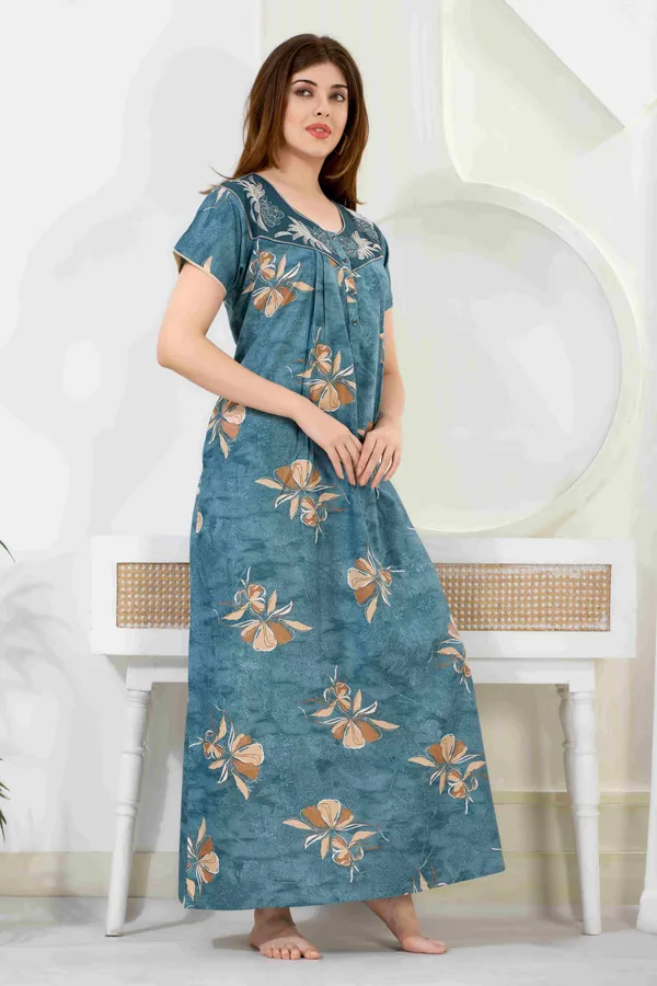 Turquoise_blue_floral_pleated_alpine_neck_embroidery_nighty_for_womens