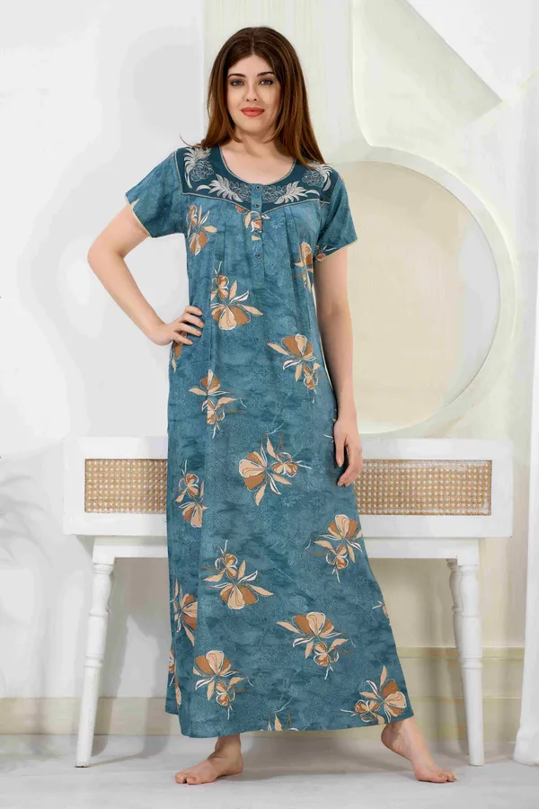 Turquoise_blue_floral_pleated_alpine_neck_embroidery_nighty_for_womens