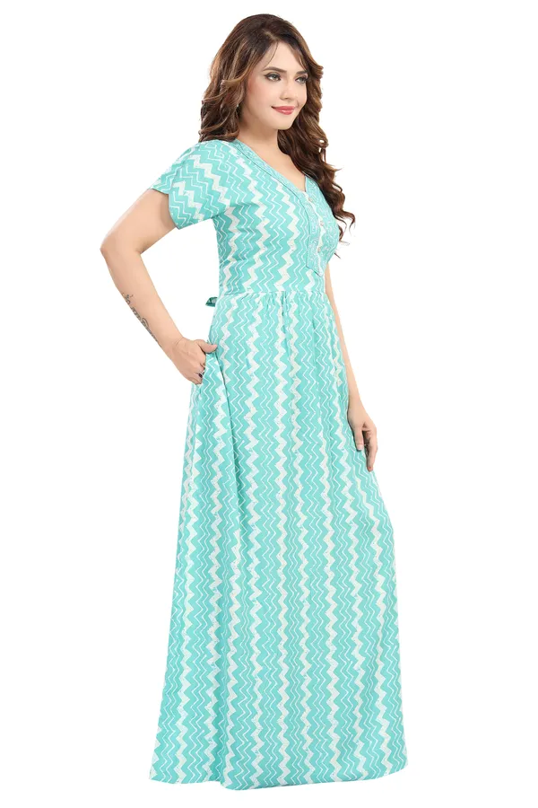 Turquoise_blue_zig_zag_print_rayon_Night_Dress_with_flair_and_belt_For_Ladies