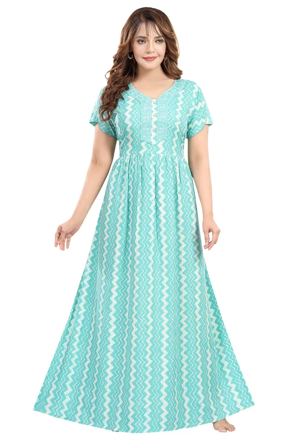 Turquoise_blue_zig_zag_print_rayon_Night_Dress_with_flair_and_belt_For_Ladies