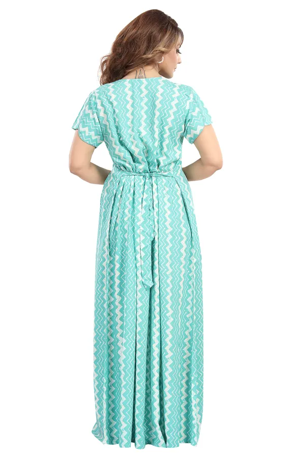 Turquoise_blue_zig_zag_print_rayon_Night_Dress_with_flair_and_belt_For_Ladies