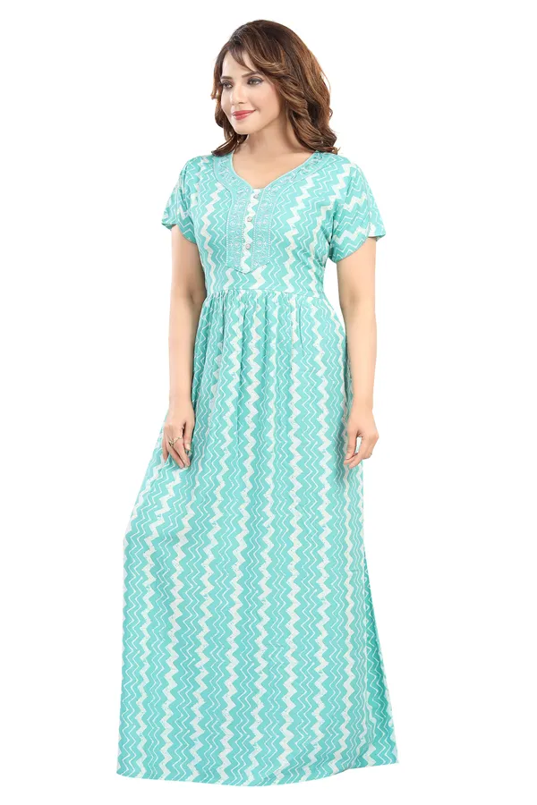 Turquoise_blue_zig_zag_print_rayon_Night_Dress_with_flair_and_belt_For_Ladies
