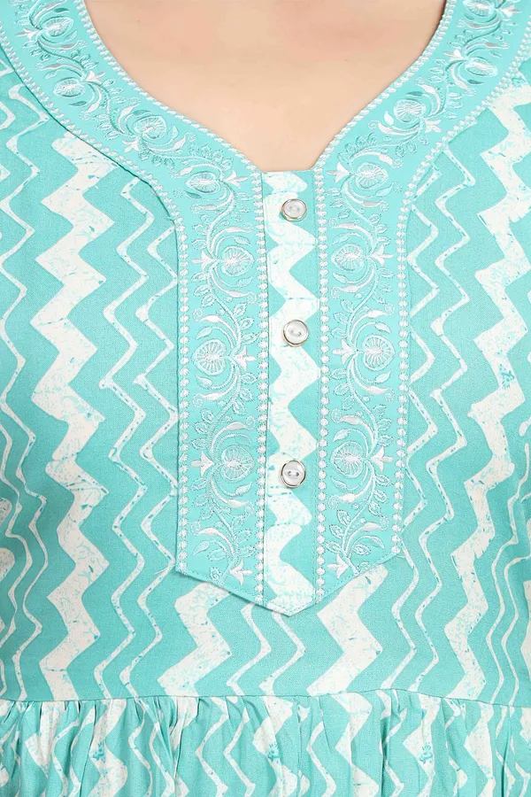Turquoise_blue_zig_zag_print_rayon_Night_Dress_with_flair_and_belt_For_Ladies