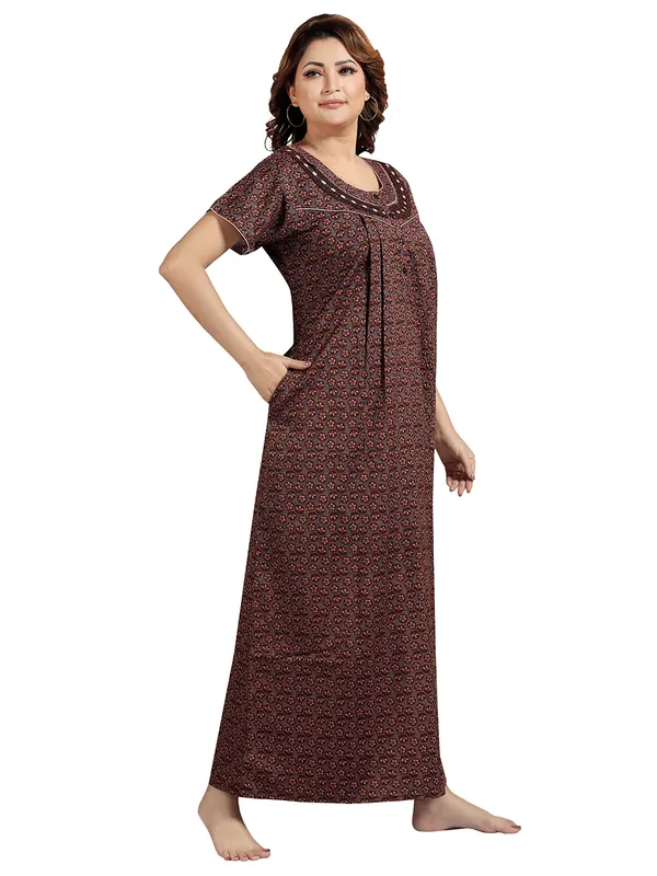 Brown_Floral_Cotton_blend_Night_Dress_For_Ladies