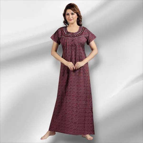 Brown_Floral_Cotton_blend_Night_Dress_For_Ladies