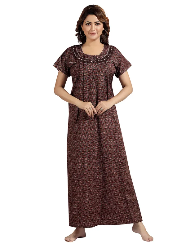 Brown_Floral_Cotton_blend_Night_Dress_For_Ladies