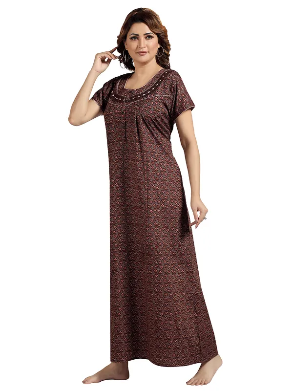 Brown_Floral_Cotton_blend_Night_Dress_For_Ladies
