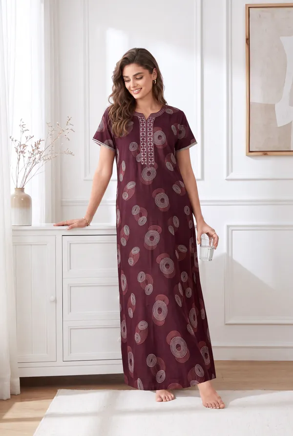 Wine_geometrical_alpine_A-line_neck_embroidery_nighty_for_womens