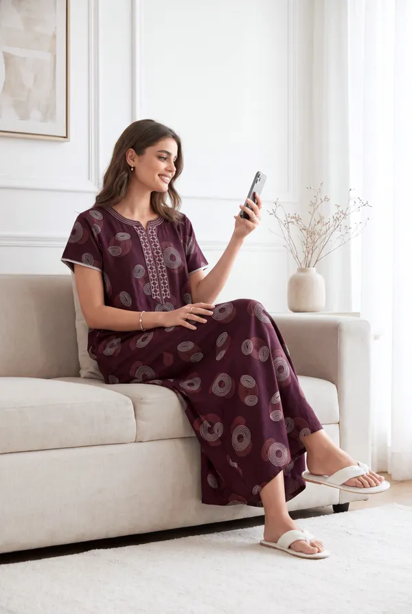 Wine_geometrical_alpine_A-line_neck_embroidery_nighty_for_womens