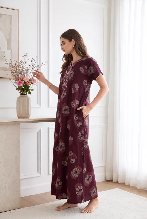 Wine_geometrical_alpine_A-line_neck_embroidery_nighty_for_womens