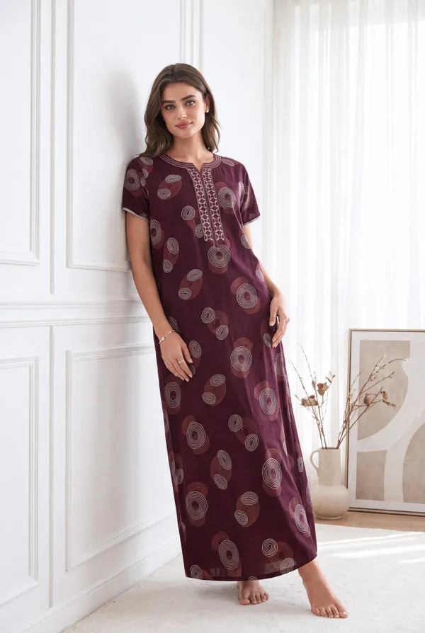 Wine_geometrical_alpine_A-line_neck_embroidery_nighty_for_womens
