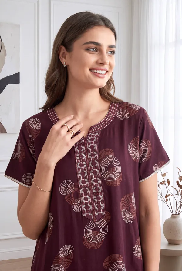 Wine_geometrical_alpine_A-line_neck_embroidery_nighty_for_womens