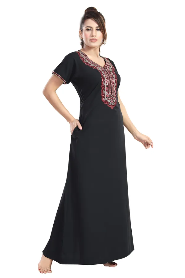 Black_plain_embroidered_Cotton_blend_Night_Dress_For_Ladies