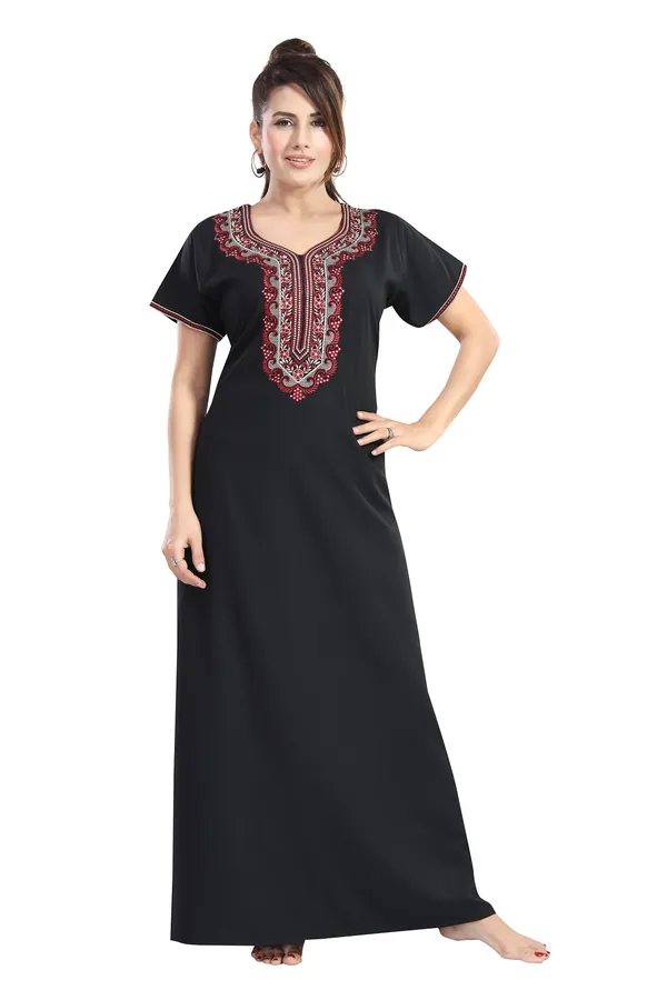 Black_plain_embroidered_Cotton_blend_Night_Dress_For_Ladies