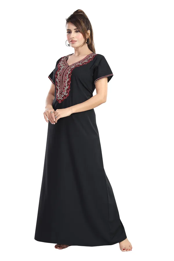 Black_plain_embroidered_Cotton_blend_Night_Dress_For_Ladies