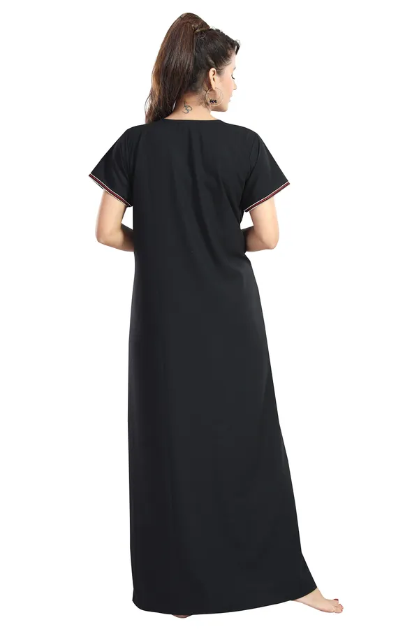 Black_plain_embroidered_Cotton_blend_Night_Dress_For_Ladies