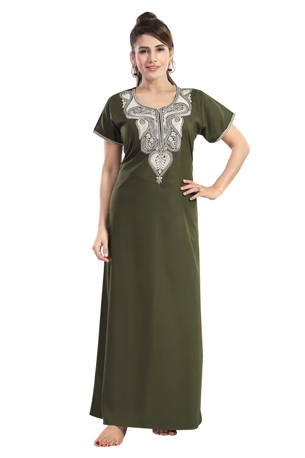 Mehendi_Green_plain_embroidered_Cotton_blend_Night_Dress_For_Ladies