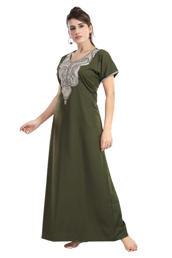 Mehendi_Green_plain_embroidered_Cotton_blend_Night_Dress_For_Ladies
